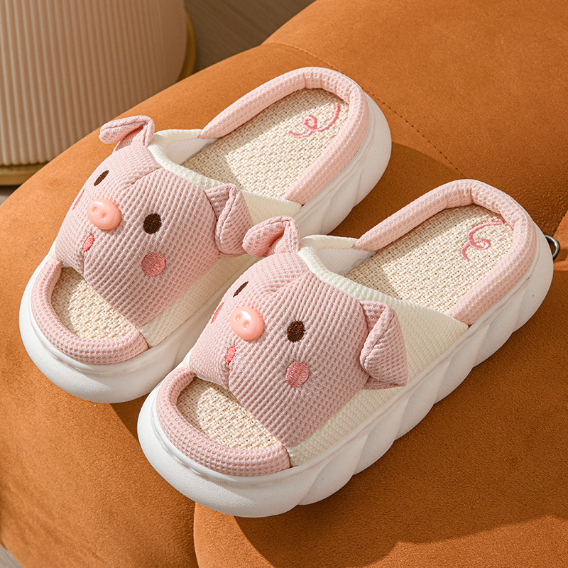 Cute Piggy Slippers Open Toe Linen Home Slipper Couples Women Men Cartoon Pig House Shoes foto 5