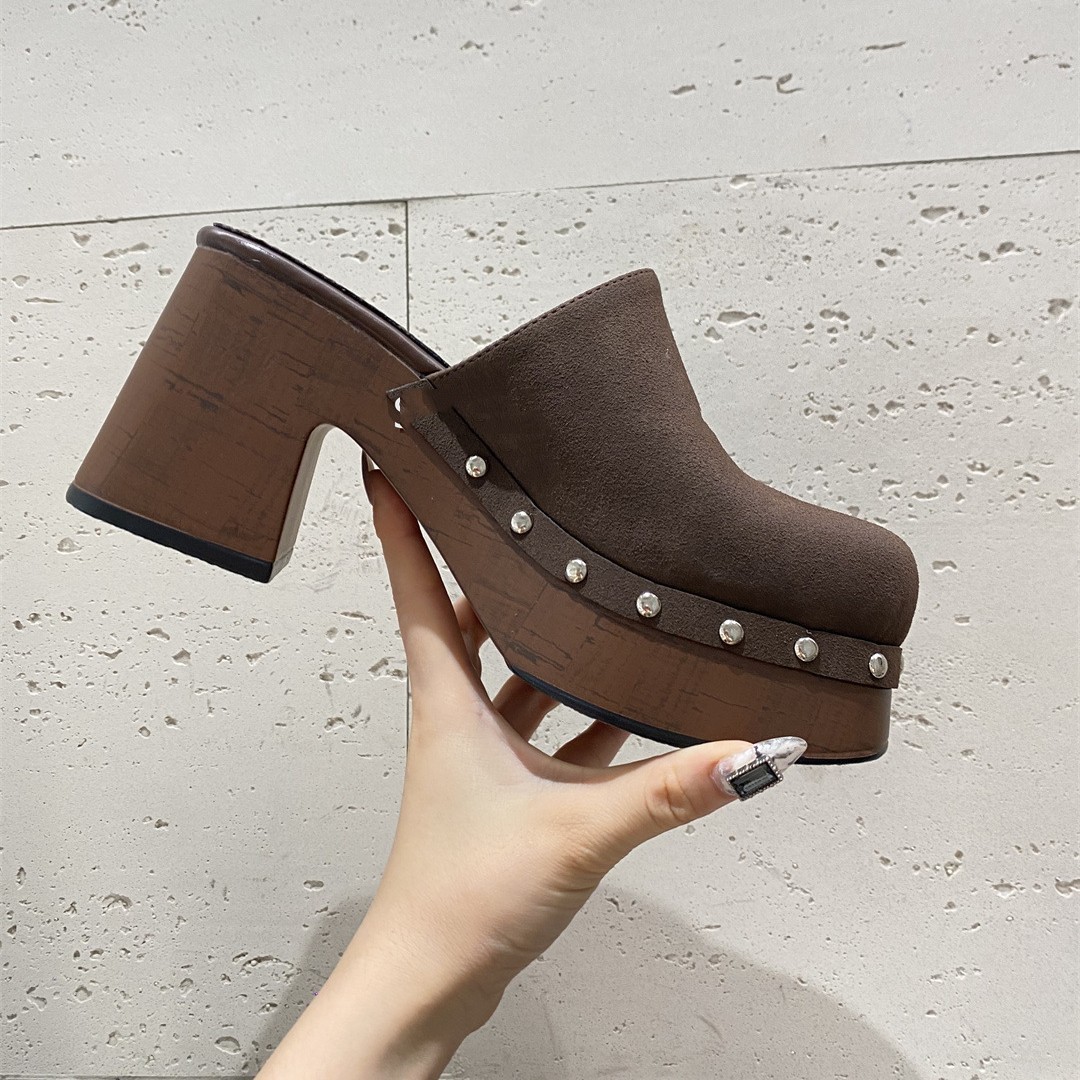 Deep Mouth Thick High Heel Matte Leather Rivet Fashion Closed Toe Half Slippers foto 5