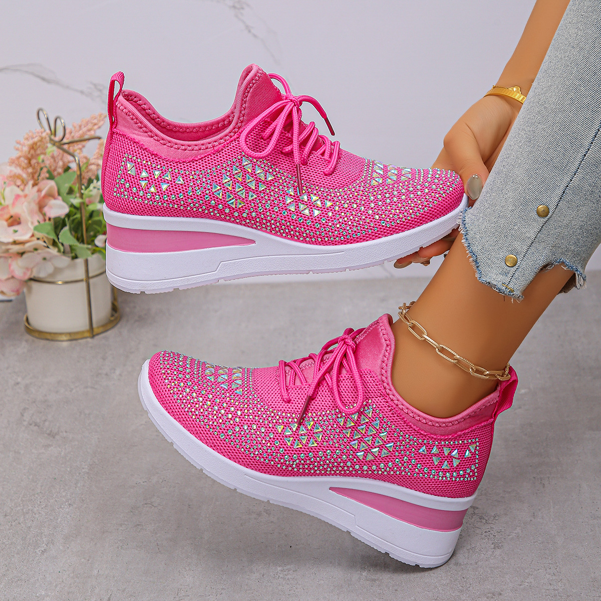 Ins Rhinestone Sneakers Fashion Lace Up Wedges Casual Shoes Women's Daily Commuting Sports Shoes foto 4