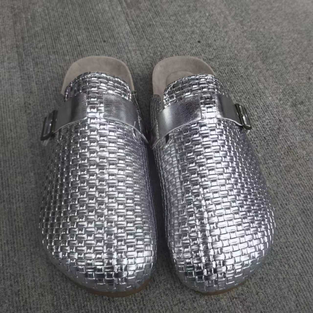 Womens Cork-toe Patterned Leather Belt Buckle Half-slipper foto 4