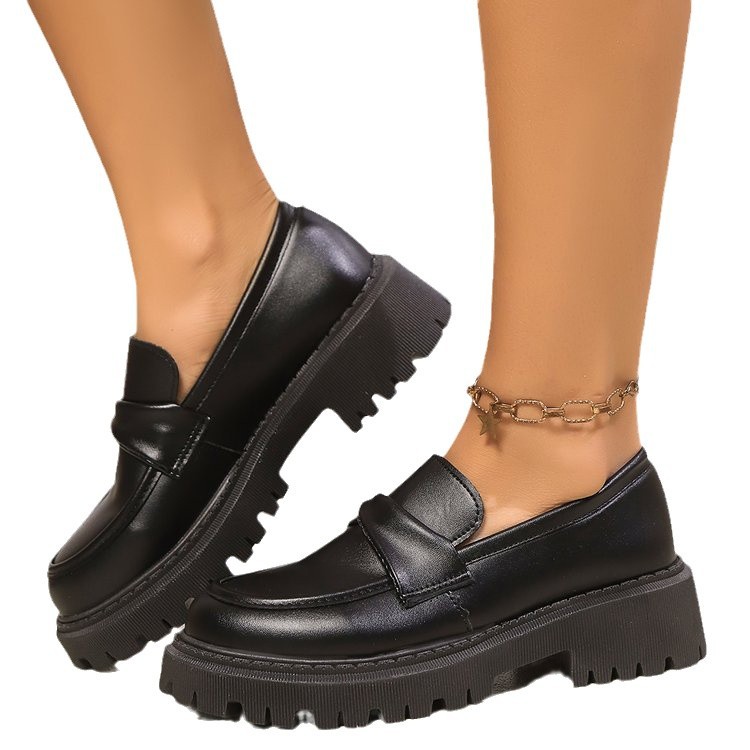 Retro Round-toe Chunky-soled Black Leather Shoes foto 5