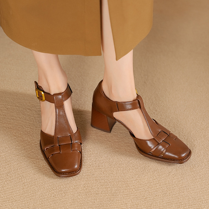 Chunky-heeled High Heel Genuine LeatherSquare-toe Womens Shoes French Vintage Style foto 4