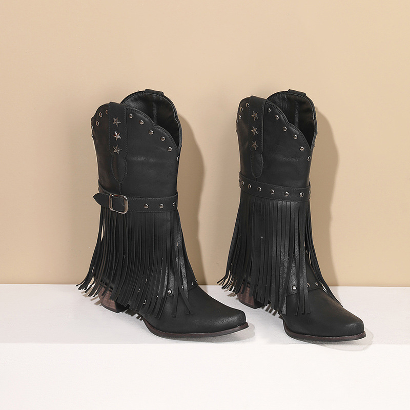 Autumn And Winter Tassel Women's Western Rivet Belt Buckle Tassel Middle Boots foto 4
