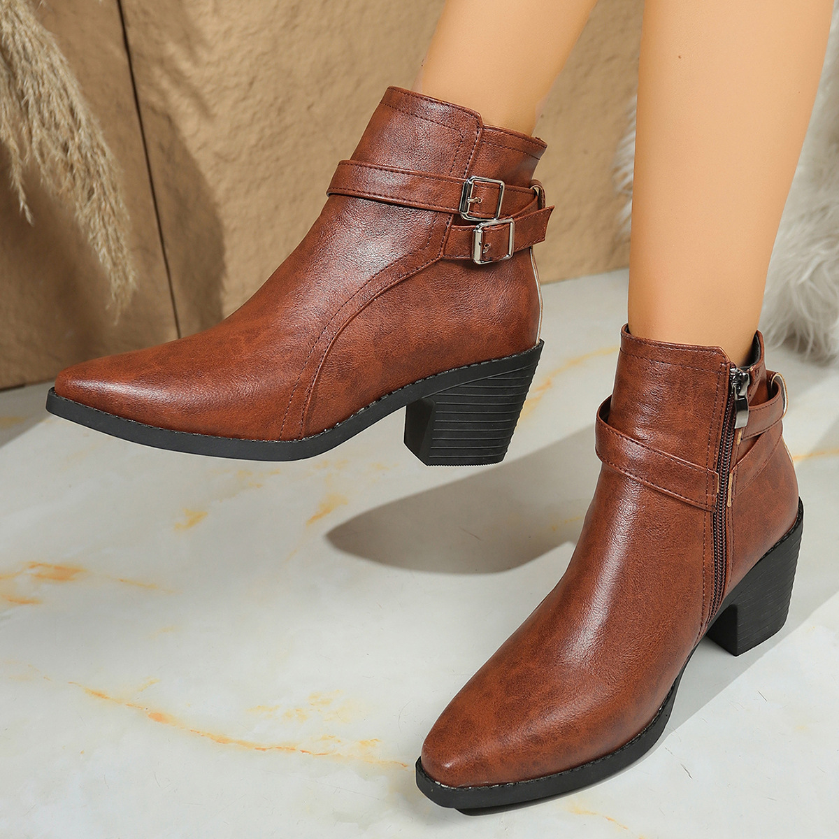 Autumn New Leather Belt Buckle Ankle Boots foto 5