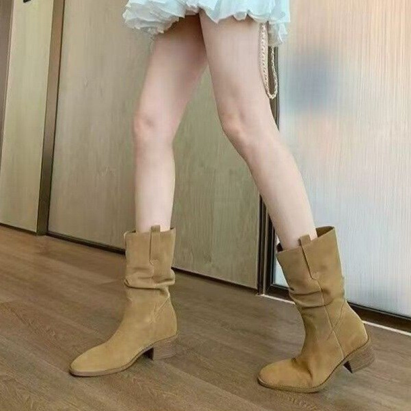 Autumn Western Pleated Short Single Women's Pile Style Boots foto 5