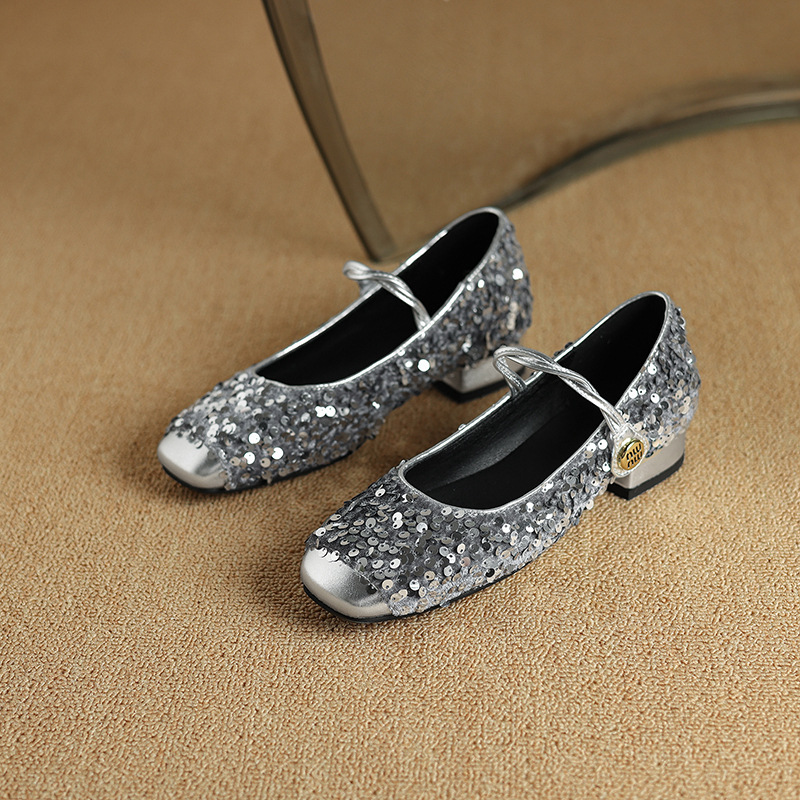 Womens Sequined Peep-toe Low-heel Mary Jane Shoes foto 4