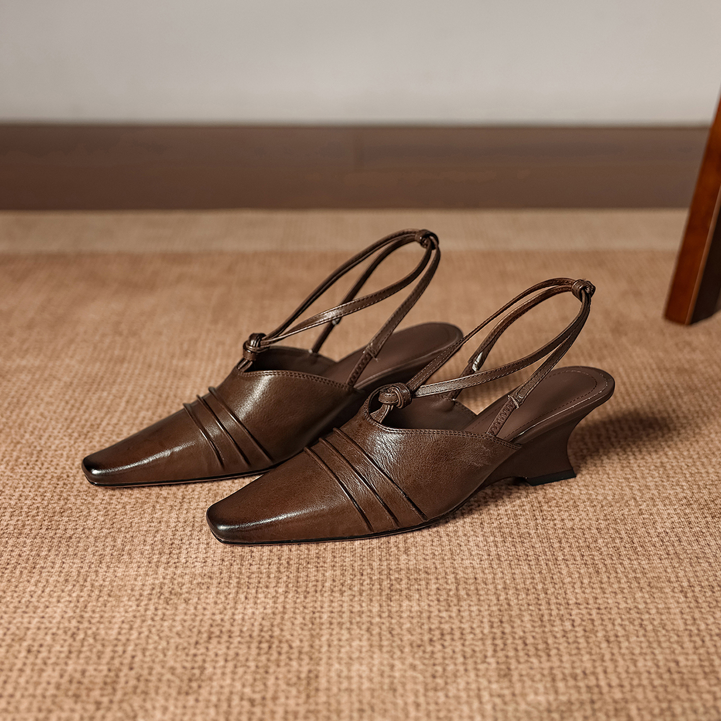 Premium Handmade Washed Leather Wedge Sandals, Women's Knotted Slingback Square Toe Shoes foto 2