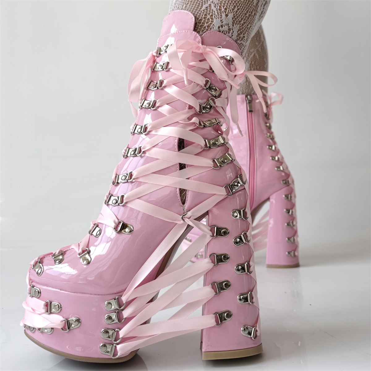 Climbing-carabiner Lace-up Punk Chunky-heeled Womens Ankle Boots foto 5