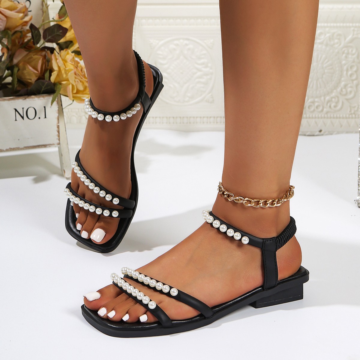 Fashionable, Versatile Flat-heeled Square-toe Sandals foto 3