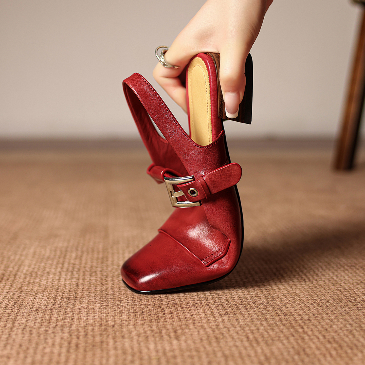 Women's Handmade Full-Grain Leather T-Strap Slingback Mary Jane Sandals, Square-Toe Block Heel Shoes foto 5