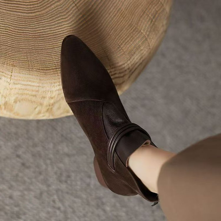 Retro Suede Pointed Toe Chunky Heel Ankle Boots foto 2