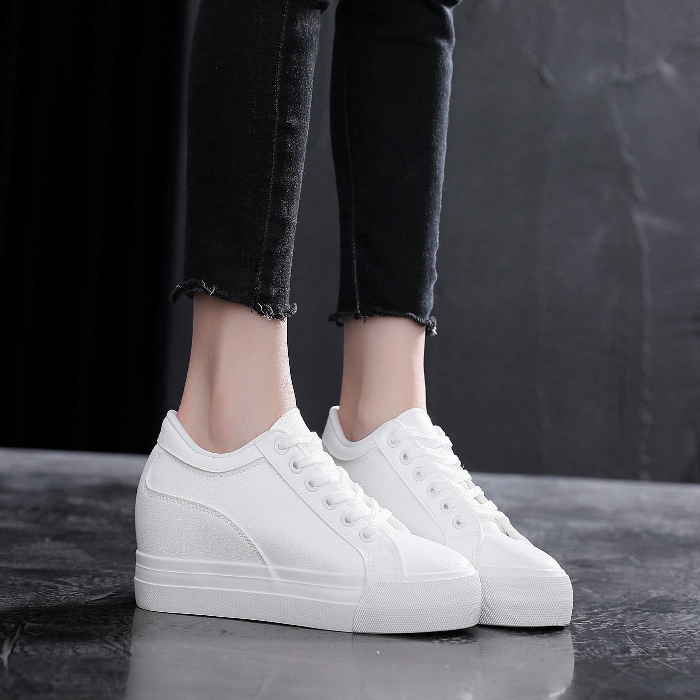 Soft Leather White Thick Bottom Height Increasing Insole Canvas Shoes foto 5