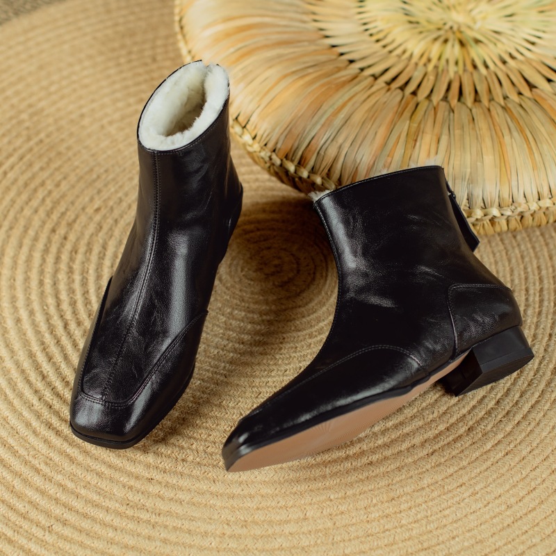 Women's Cowhide Square-toe Warm Fleece-lined Thick Wool Short Boots foto 3