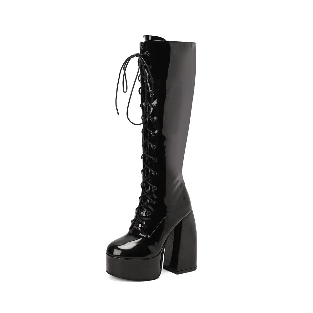Womens Round-Toe Lace-Up Chunky-Heel Patent Leather Over-the-Knee Boots foto 3