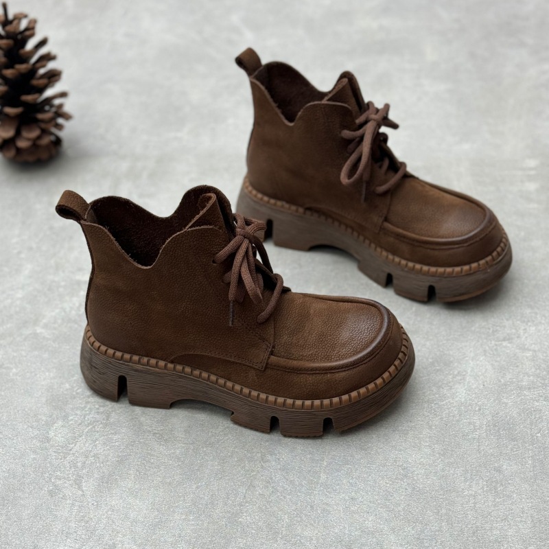 Platform Round Toe Lace-up Casual Cowhide Women's Boots foto 5