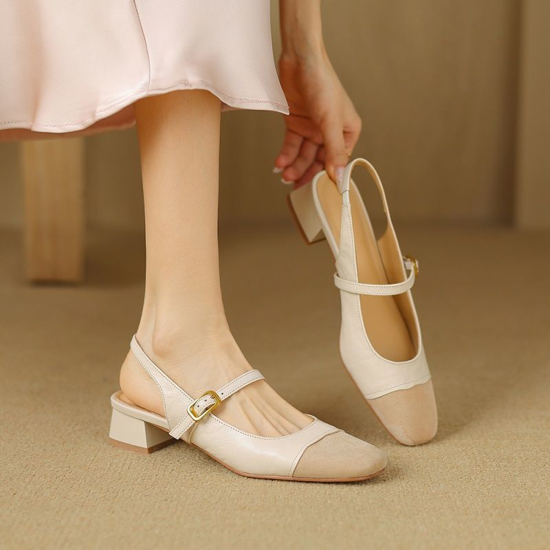 French Retro Color Matching Square Toe Back Empty Closed Toe Sandals foto 5