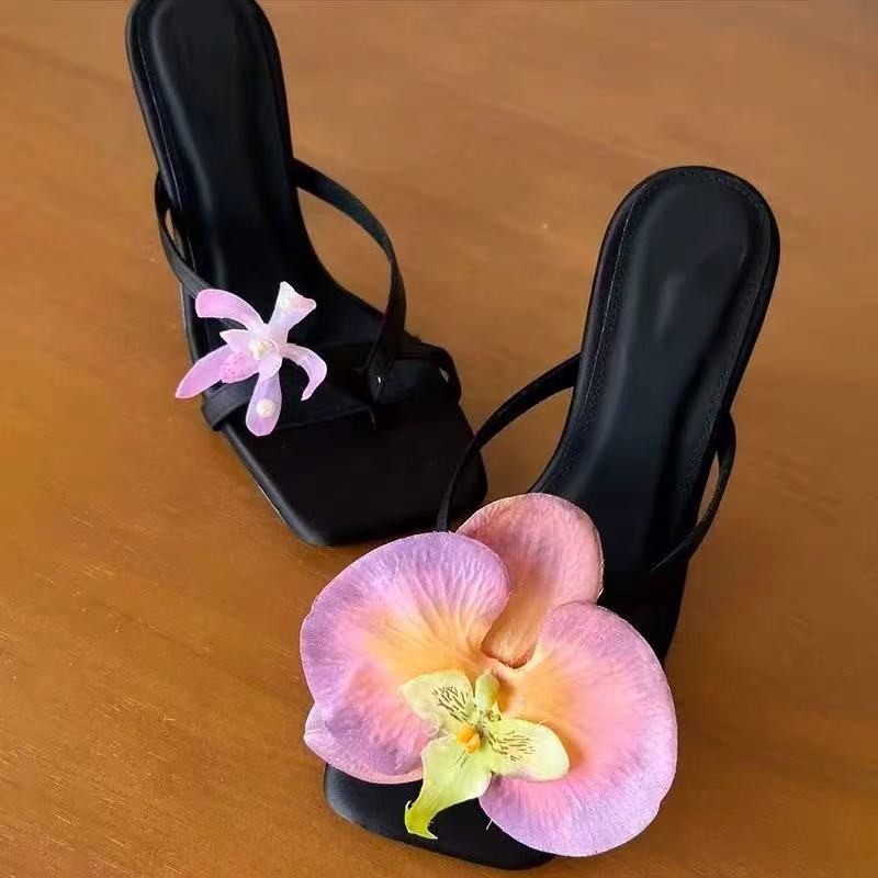 Handmade Asymmetric Flower Sandals For Women High Heel Semi-slipper foto 2