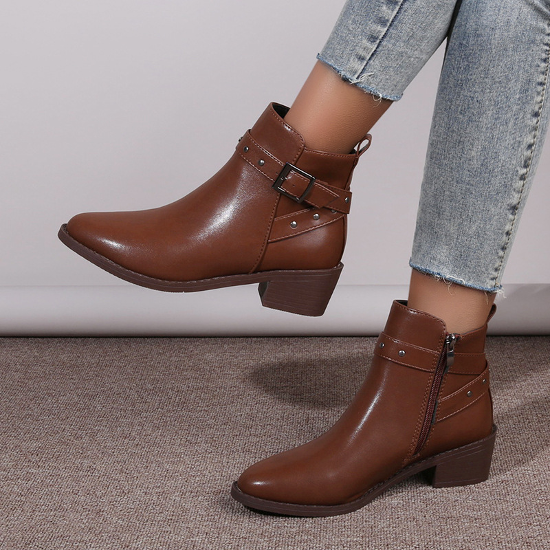 Retro Chunky Heel Studded Buckle Pointed Toe Martin Boots foto 2