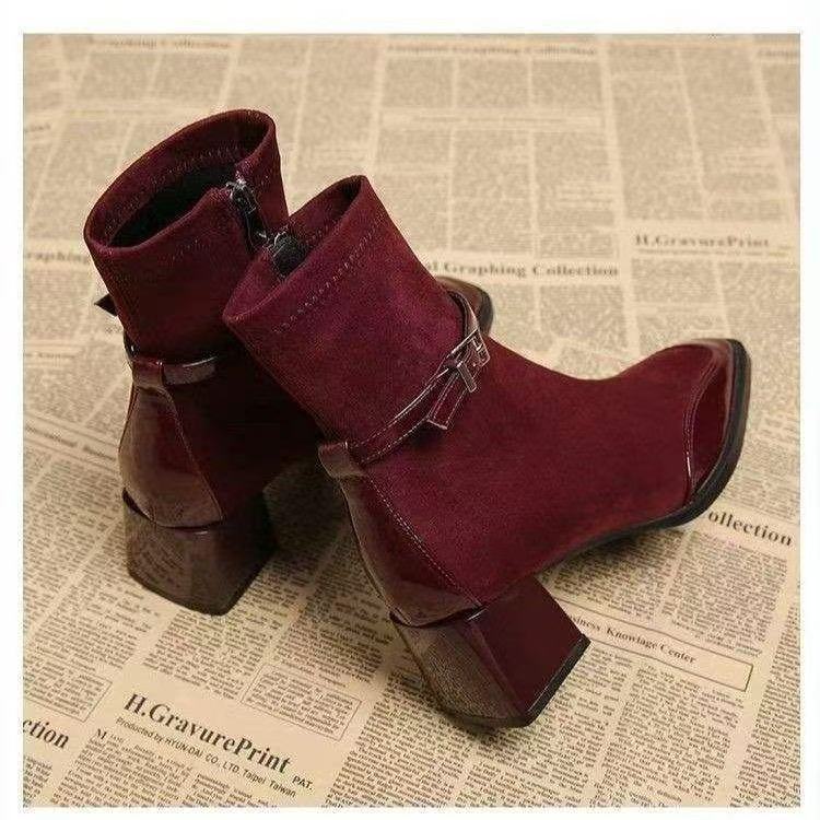 Retro French British Style Black Square Toe Leather Suede Ankle Side Zip Boots foto 3