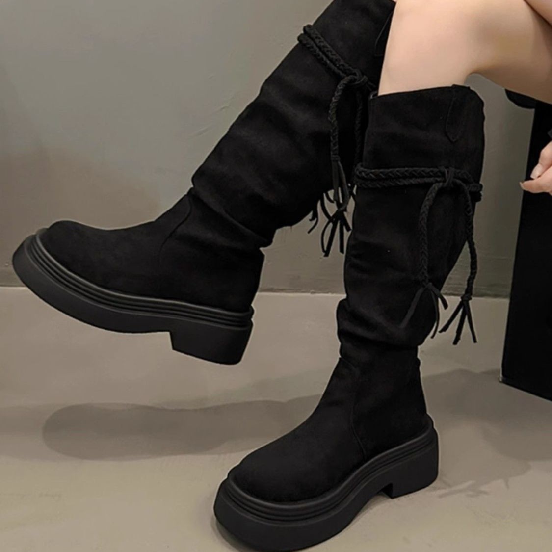 Retro Fashion Versatile Fringe Stacked Boots Women foto 5