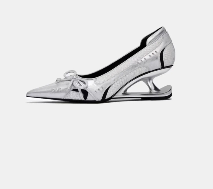 Women's Black Pointed Toe Shaped Floating Heel Mary Jane Shoes foto 2
