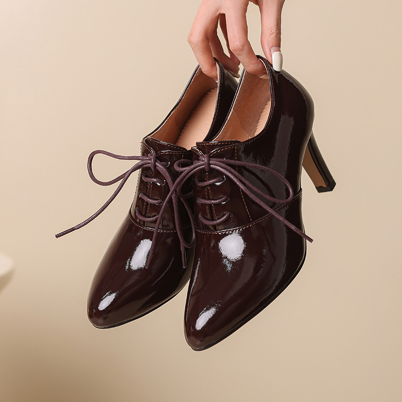 High Heel Lace-up Authentic Leather British Style Pointed Leather Shoes Mid Heel Loafers foto 3