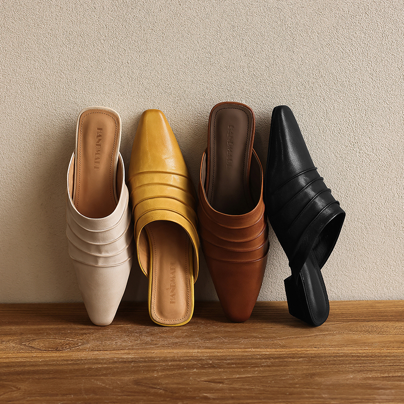 Women's Handmade Full-Grain Sheepskin Ruched Mule Slides, Square-Toe Low-Heel Leather Backless Shoes With Pigskin Lining foto 5