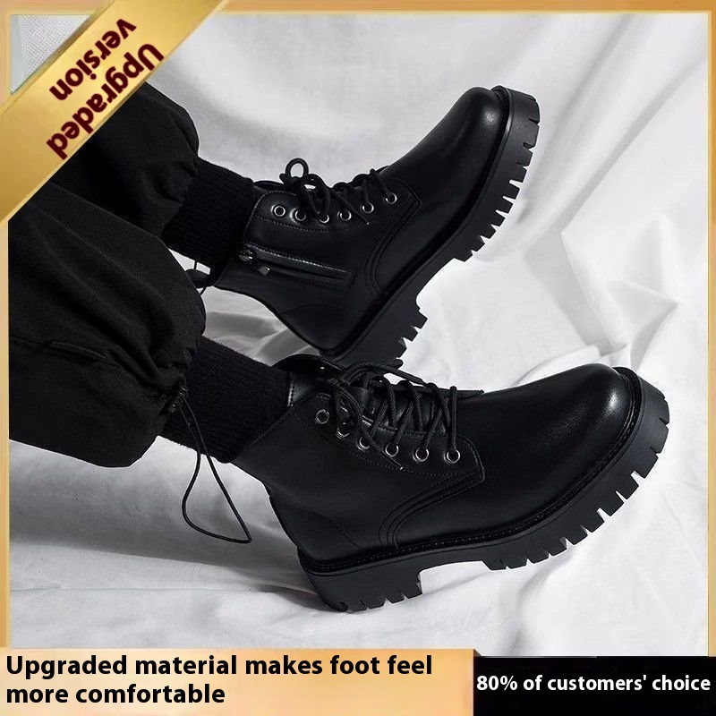 Men's High-top Side Zipper Leather Shoes Black Mid-Top Increased By Worker Boot foto 2