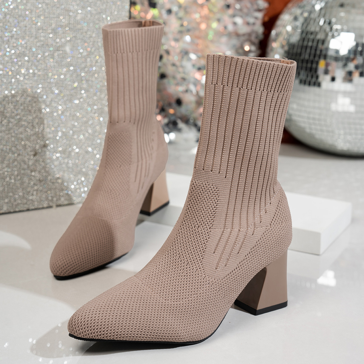 Chunky Heel Pointed Toe Stretch Socks Single Layer Boots foto 3