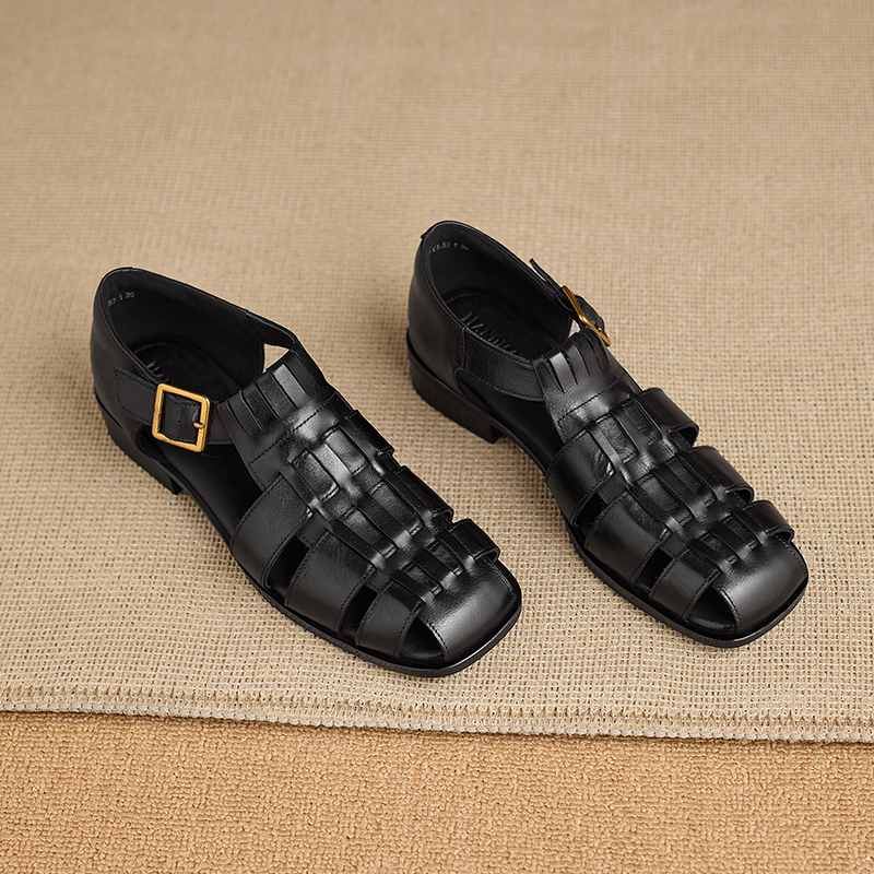 Women's Handmade Full-Grain Leather Fisherman Sandals, Woven Closed Toe Buckle Flat Shoes foto 4
