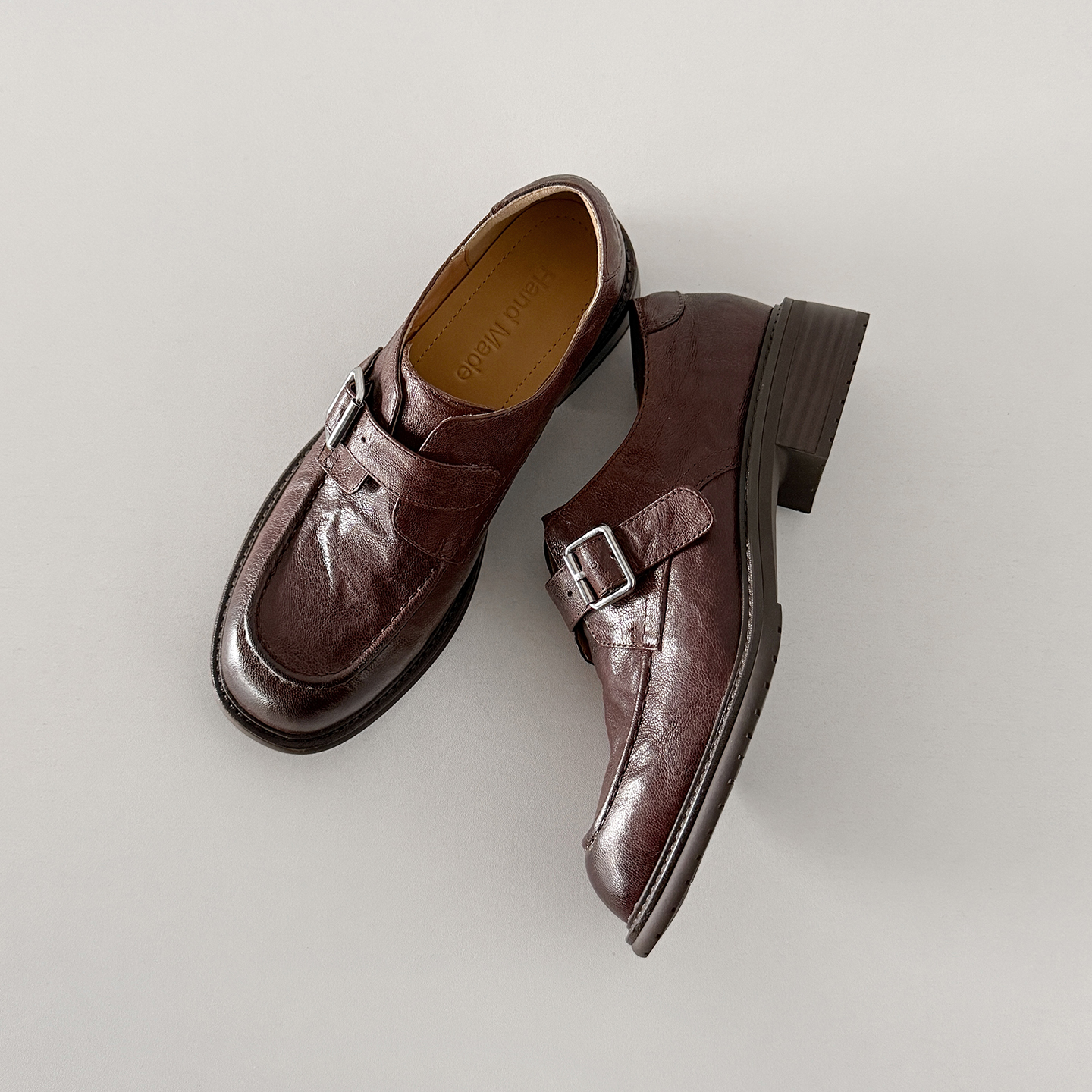 Women's Full-Grain Washed Leather Loafers, Handmade Buckle Monk Strap Low Heel Shoes foto 3