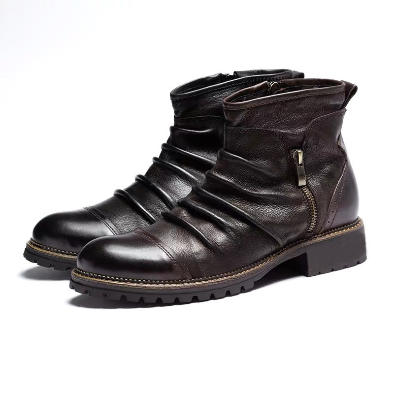 Retro Round Toe PU Leather Side Zipper Martin Chunky Heel Ankle Boots
