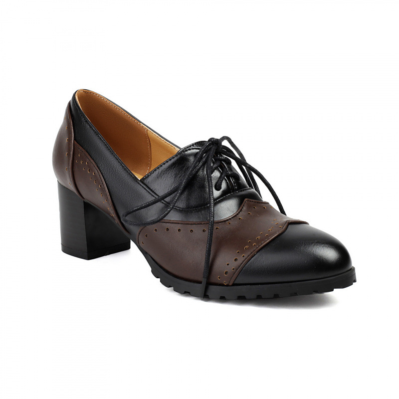 Matching Round Toe High Heel Front Lace-up Burning Flower Pumps foto 3