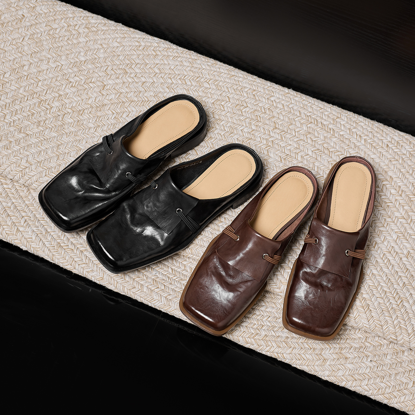 Women's Full-Grain Calfskin Square Toe Mules, Handmade Leather Slip-On Low Heel Slides foto 2