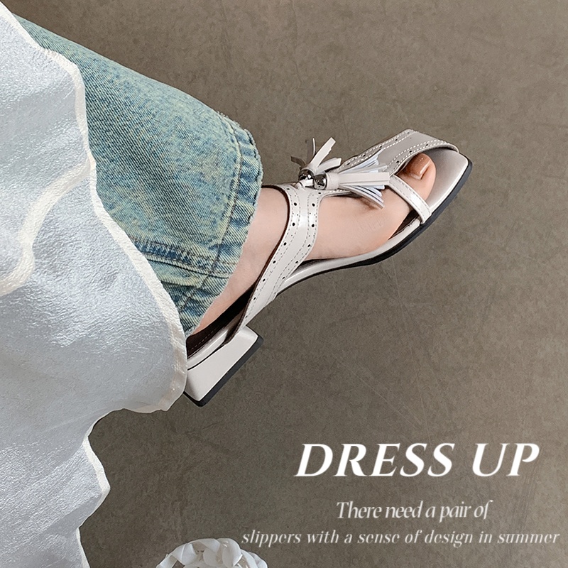 Women's Leather Tassel Slide Sandals, Square Toe Block Heel Mules foto 4