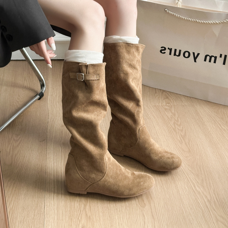 Khaki Suede Pointed-toe Boots For Women