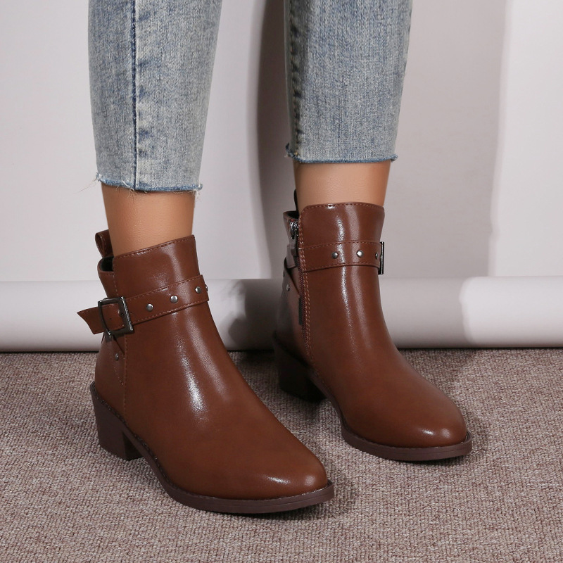 Retro Chunky Heel Studded Buckle Pointed Toe Martin Boots
