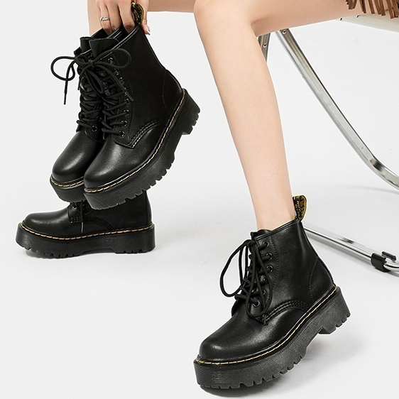 Platform Martin Boots Women's Thickened Real Leather Black Flat Bottom foto 3