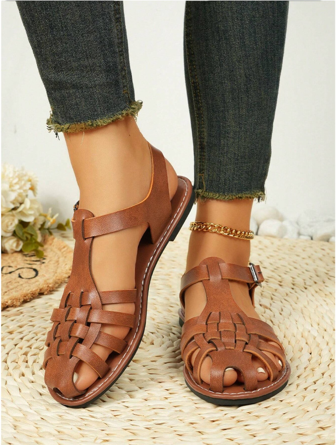 Vintage Weave Closed Toe Sandals Women's Seaside Vacation Soft Bottom Brown Roman foto 5