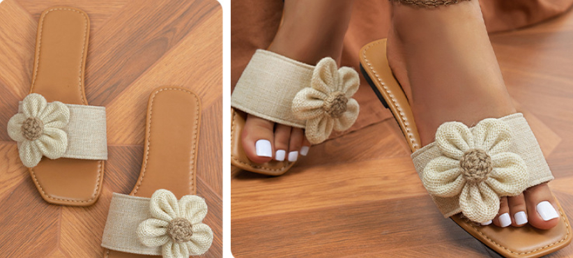 Women's Fashion Beige Flower Flat Slippers foto 3