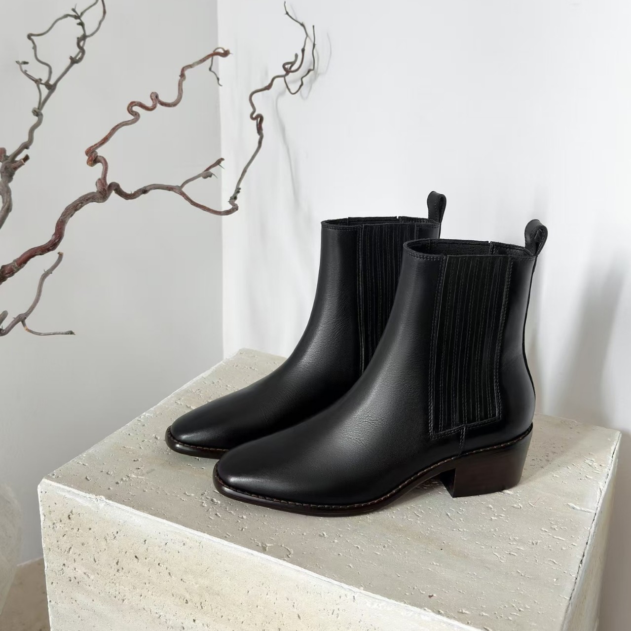 Womens Early Autumn French-Style Ankle Boots In Genuine Leather With A Square Toe And Chunky Mid Heel foto 5