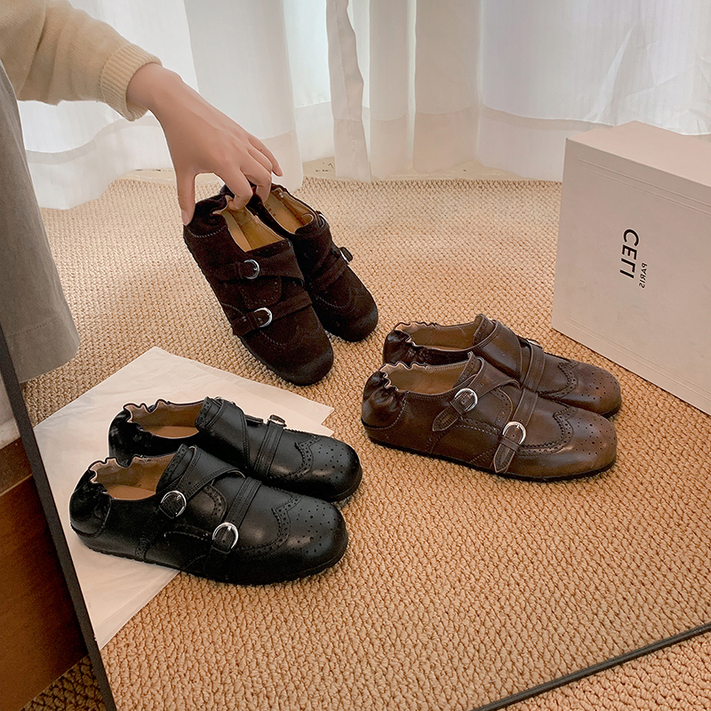 Women's Handmade Washed Cow Leather Mary Jane Flats, Brogue Buckle Cross Strap Shoes In Premium Full-Grain Leather foto 4