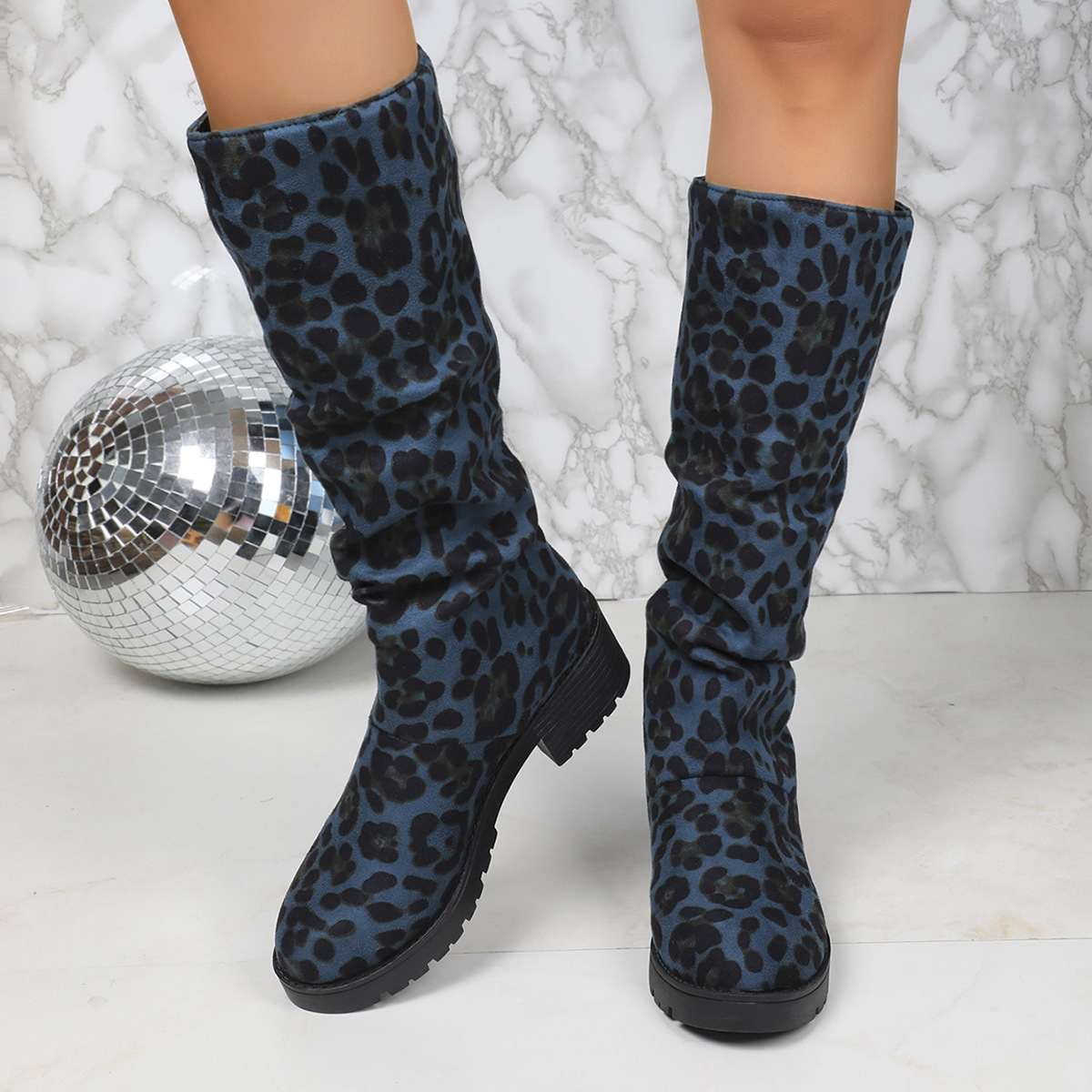 Leopard-print Suede Block-heeled Versatile Pleated Booties foto 5