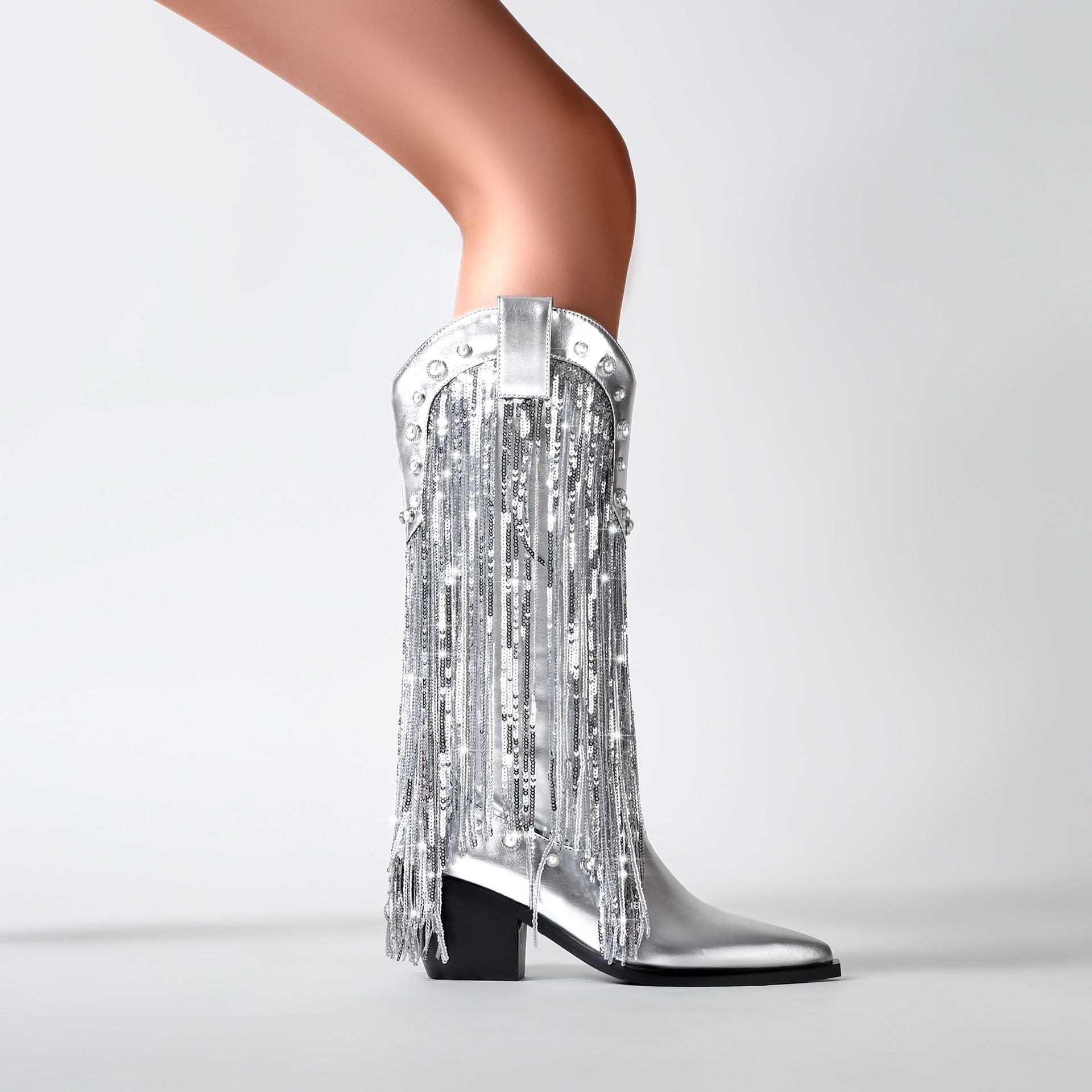 Sequin Tassel Pointed Sleeve High Leg Boot foto 2