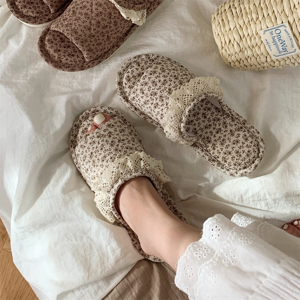 Home Style Vintage Floral One Word Four Seasons Universal Cotton Slippers Female foto 2