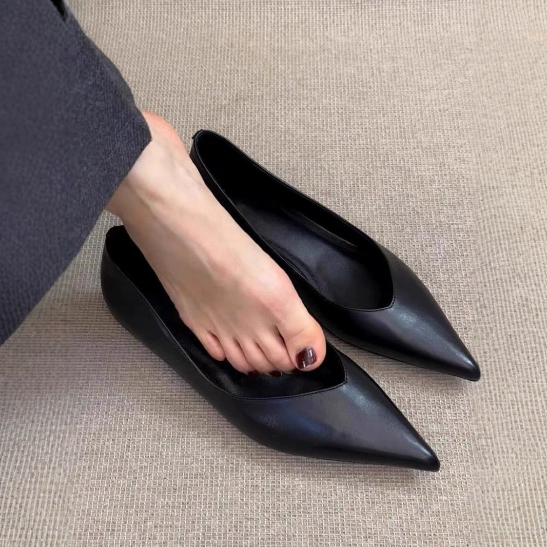 French Minimalist Pointed Toe Height Increasing Insole Flat Bottom Pumps foto 3