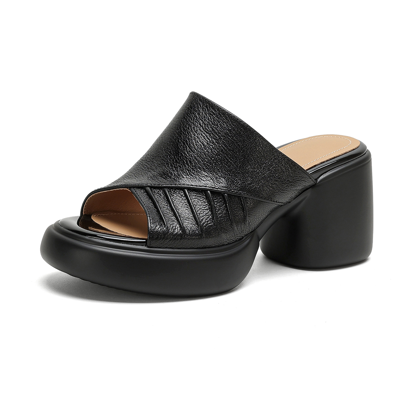 Soft Genuine Lambskin Ruched Block Heel Slides, Ladies Open-Toe Leather Mules foto 4