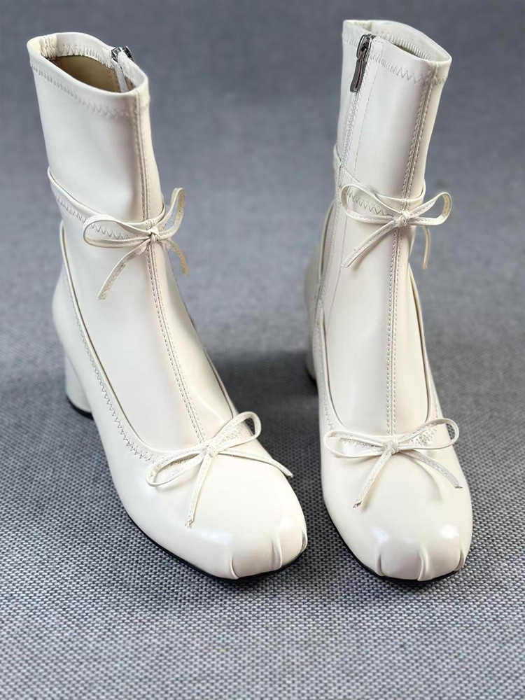 Ballet Style White High-heeled Round Head Thin Booties foto 2