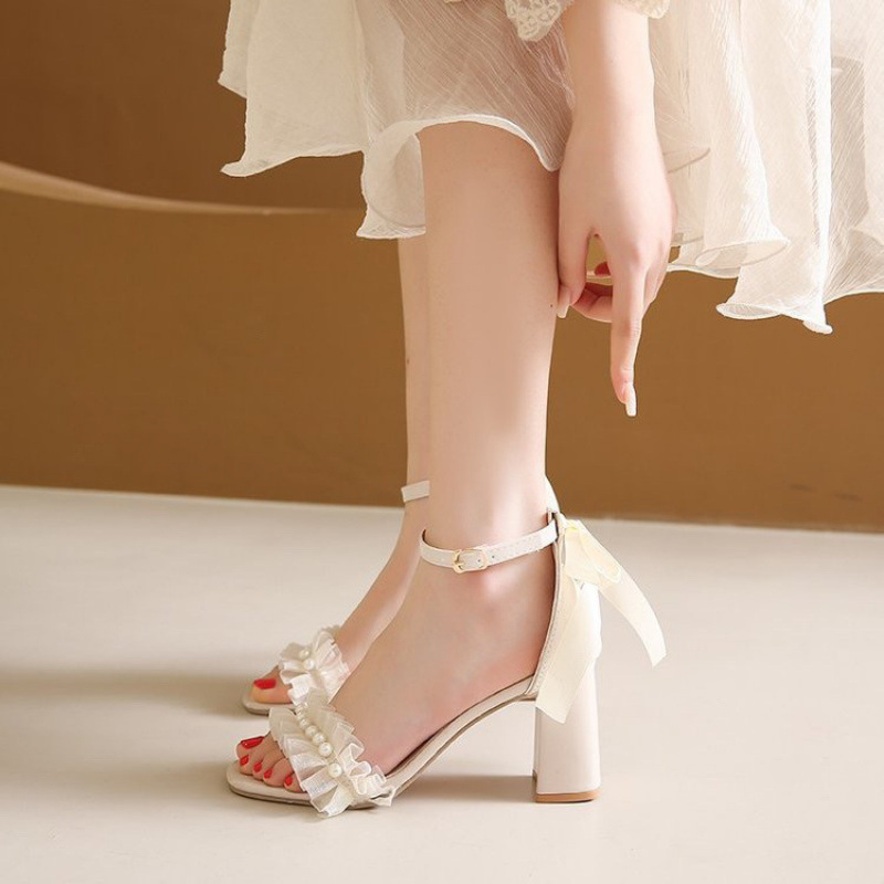 French Style Chunky Heel Sandals Bow Pearl High Heels Buckle Sandals foto 5
