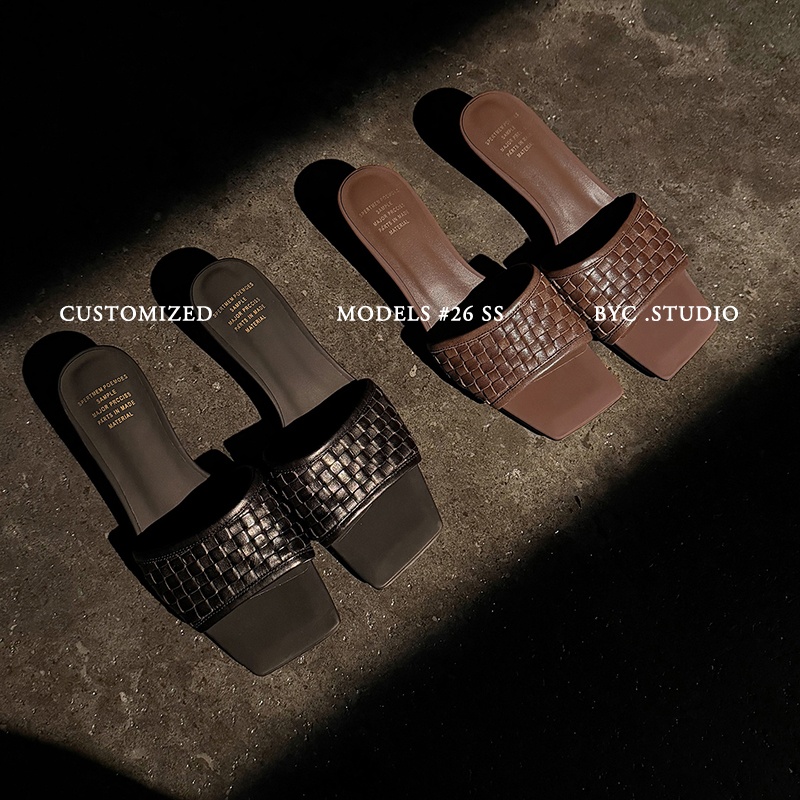 Women's Handmade Full-Grain Leather Woven Kitten Heel Slides, Square Toe Sheepskin Lined Mule Sandals foto 4